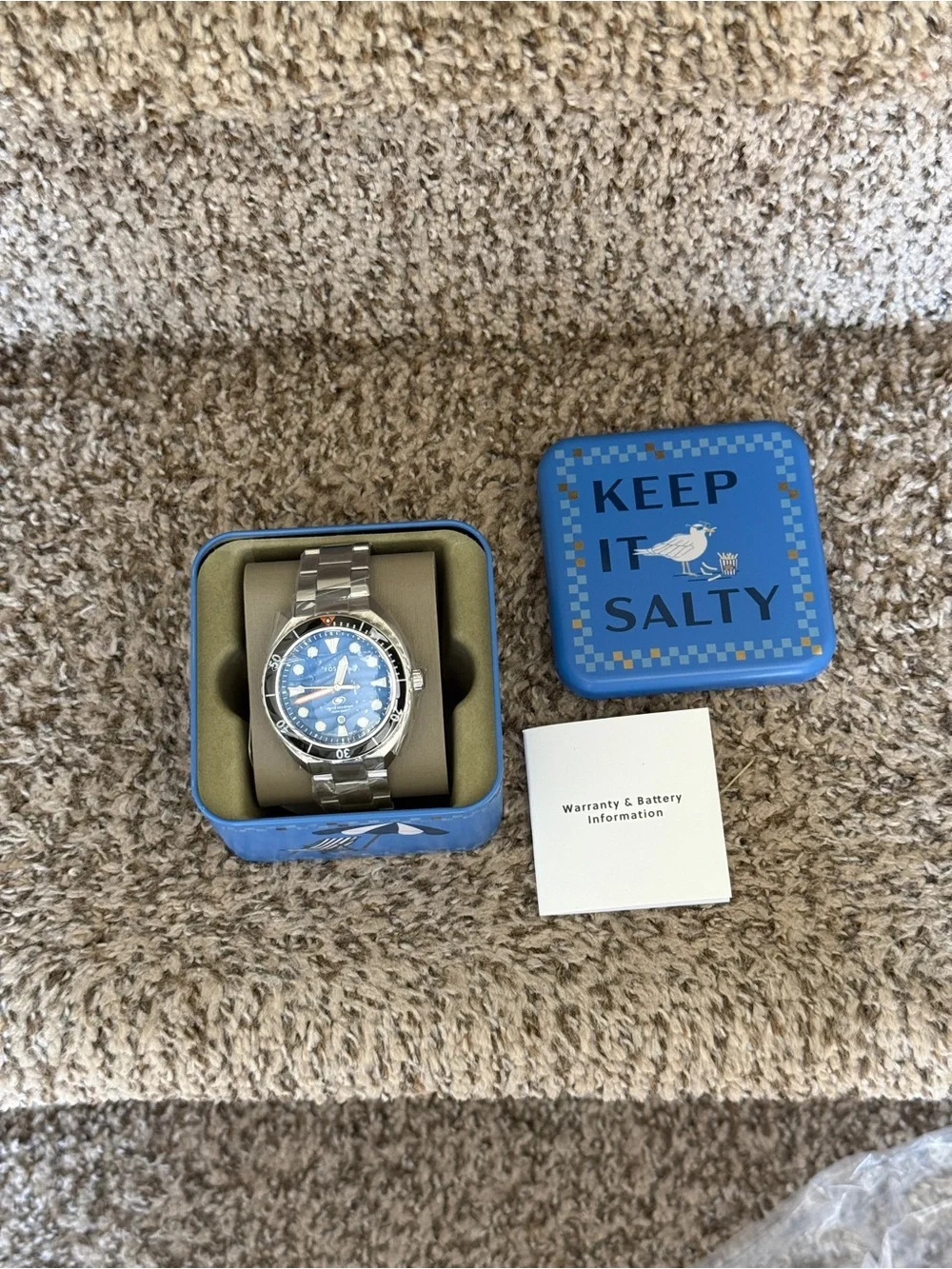 Fossil Men’s Blue Wave Dial Stainless Steel Swim Watch with Black Bezel